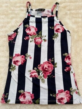 Striped Navy & White Floral Tank Top with Pink Roses. Size: S